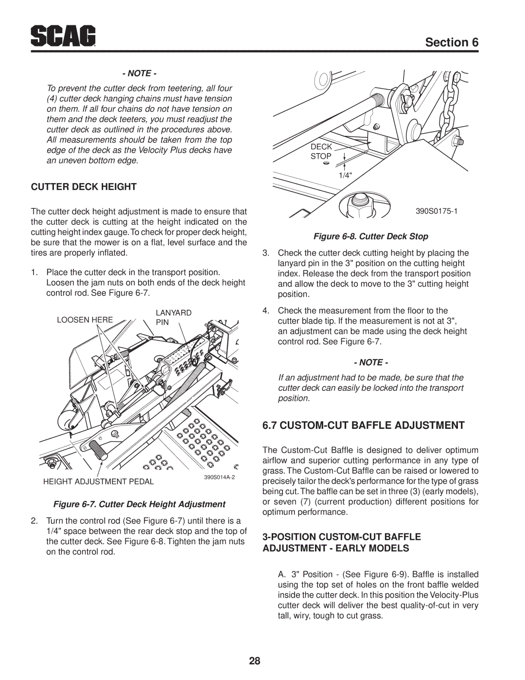 Scag Power Equipment STT-29DF-SS, STT-29DFI-SS, STT61V-27CH, STT-35BV-SS Custom-Cut Baffle Adjustment, Cutter Deck Height 