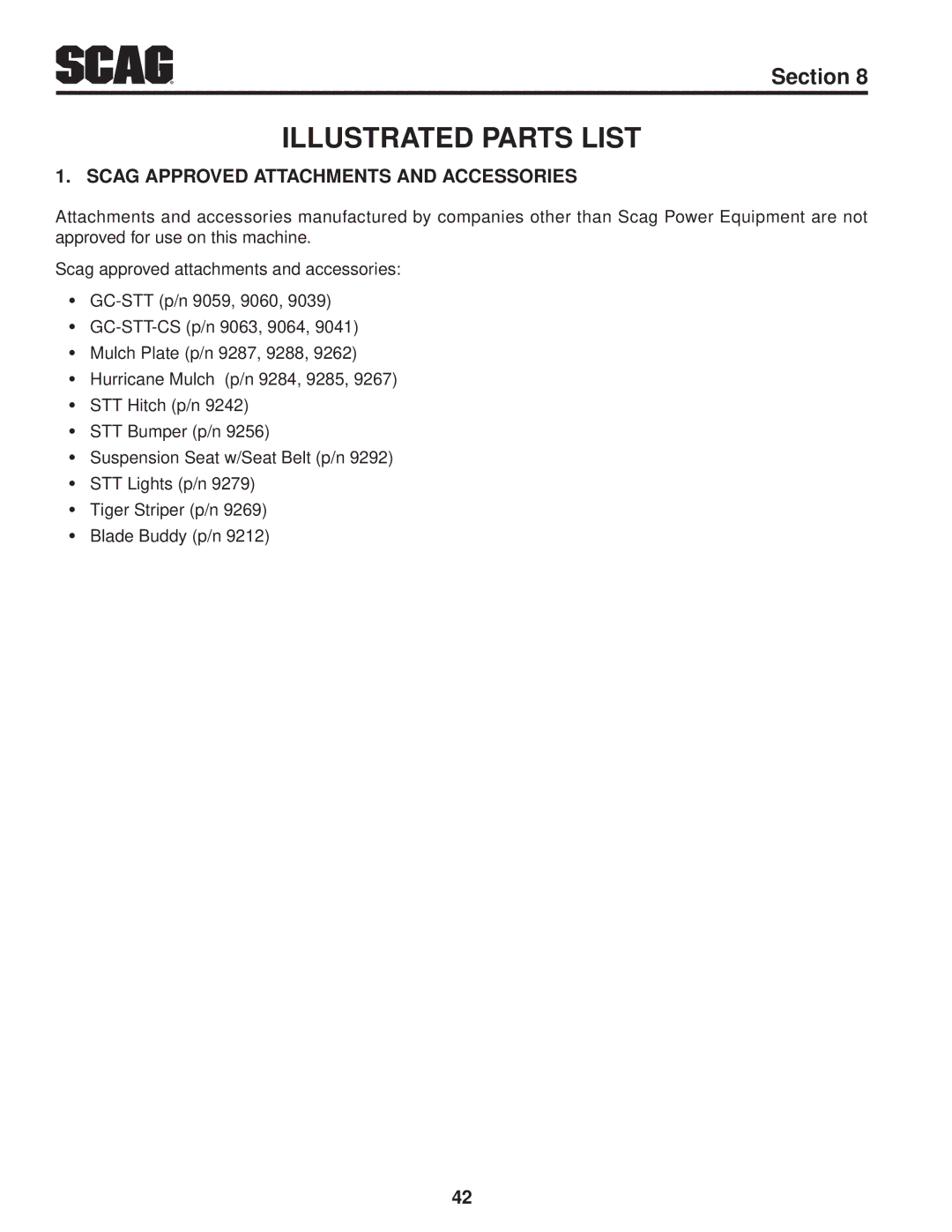 Scag Power Equipment STT61V-27KA, STT-29DFI-SS Illustrated Parts List, Scag Approved Attachments And Accessories 