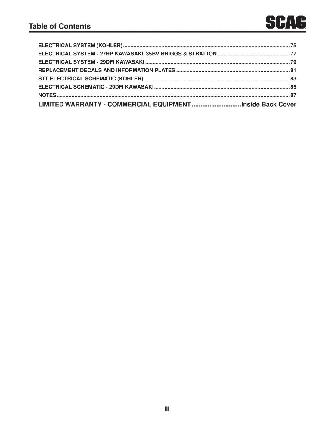 Scag Power Equipment STT52V-27CH, STT-29DFI-SS, STT-29DF-SS, STT61V-27CH, STT61V-29DFI-SS, STT-35BV-SS Inside Back Cover 