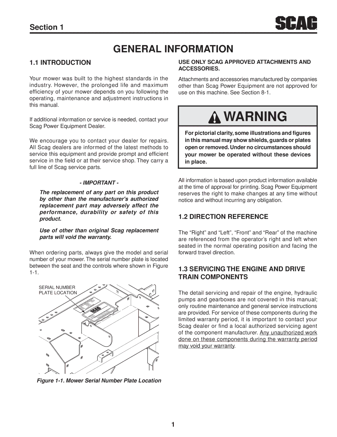 Scag Power Equipment STT61V-35BV-SS Introduction, Direction Reference, Servicing The Engine And Drive Train Components 