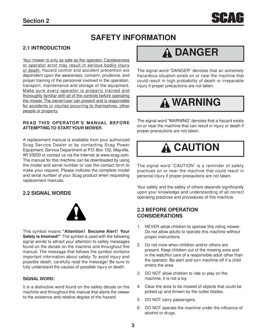 Scag Power Equipment STT-29DFI-SS, STT-29DF-SS, STT61V-27CH, STT61V-29DFI-SS Signal Words, Before Operation Considerations 