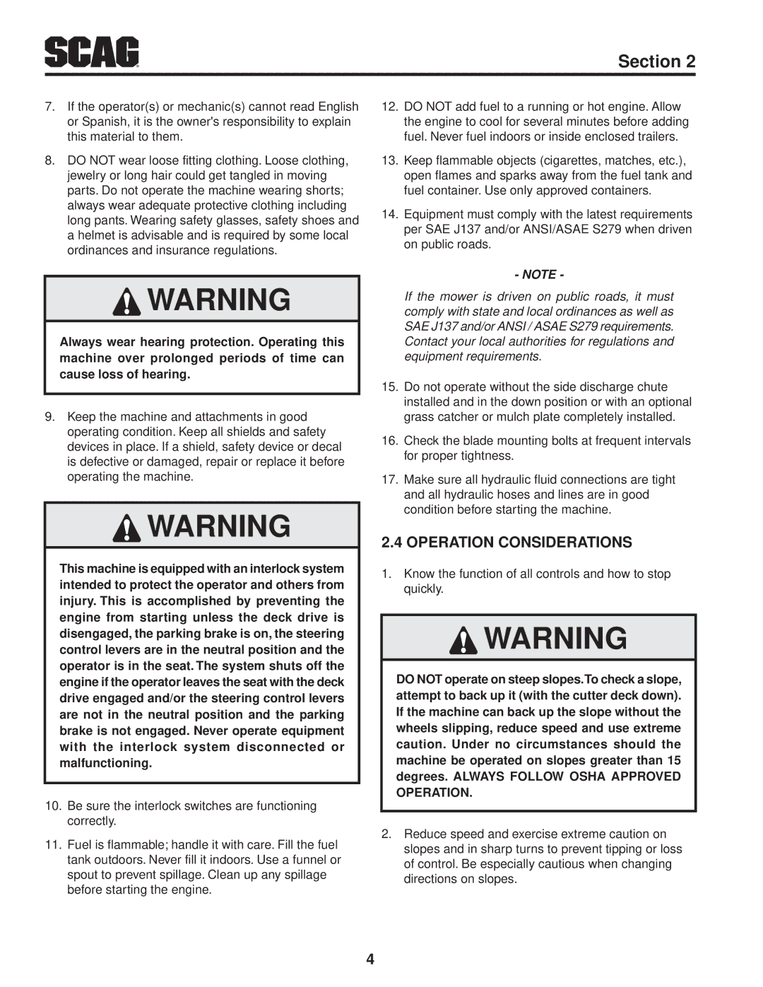 Scag Power Equipment STT-29DF-SS, STT-29DFI-SS, STT61V-27CH, STT61V-29DFI-SS, STT-35BV-SS Operation Considerations 