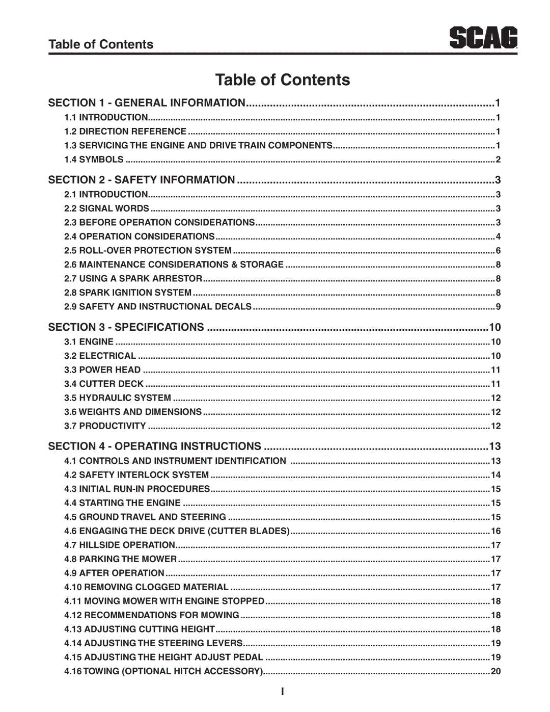 Scag Power Equipment STT61V-29DFI-LE, STT-29DFI, STT61V-35BVAC, STT-35BVAC manual Table of Contents 