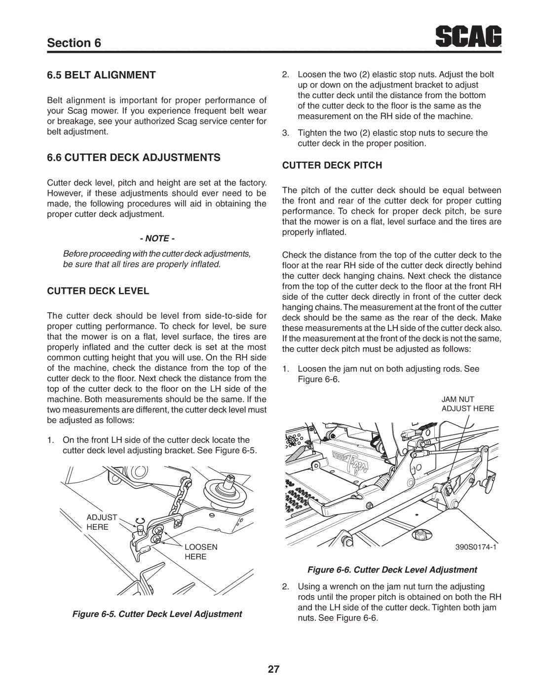 Scag Power Equipment STT61V-29DFI-LE manual Belt Alignment, Cutter Deck Adjustments, Cutter Deck Level, Cutter Deck Pitch 