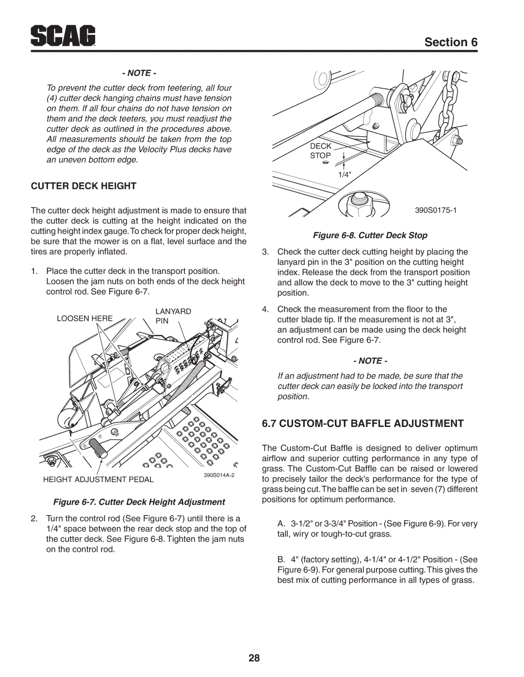 Scag Power Equipment STT-35BVAC, STT-29DFI, STT61V-29DFI, STT61V-35BVAC Custom-Cut Baffle Adjustment, Cutter Deck Height 