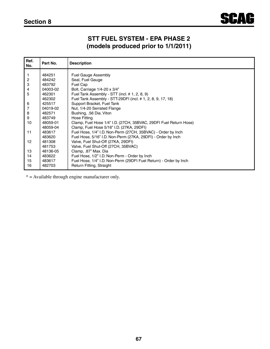 Scag Power Equipment STT61V-29DFI-LE, STT-29DFI, STT61V-35BVAC STT Fuel System EPA Phase, Models produced prior to 1/1/2011 