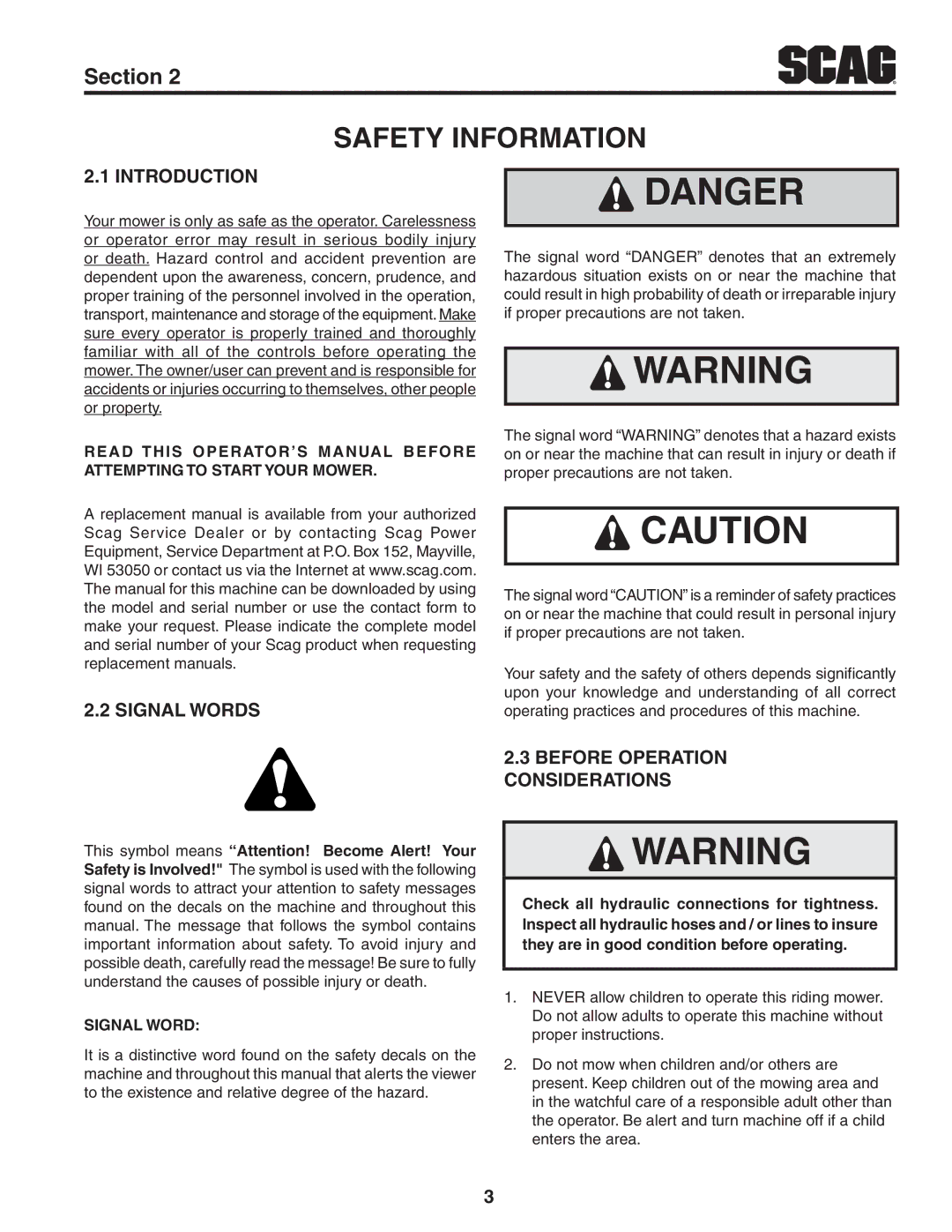 Scag Power Equipment STT-35BVAC, STT-29DFI, STT61V-35BVAC, STT61V-29DFI-LE manual Safety Information 