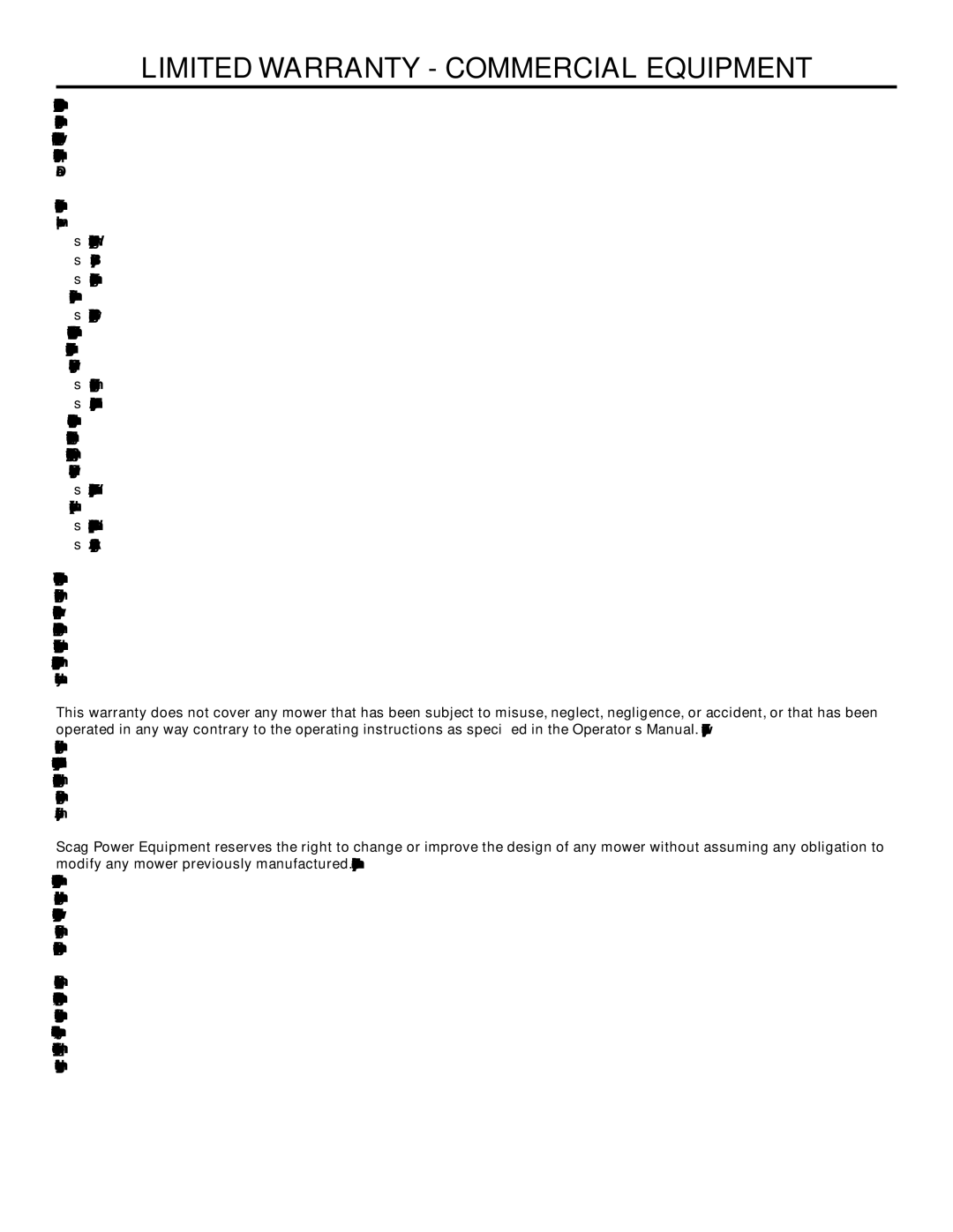 Scag Power Equipment STT-35BVAC, STT-29DFI, STT61V-29DFI, STT61V-35BVAC manual Limited Warranty Commercial Equipment 