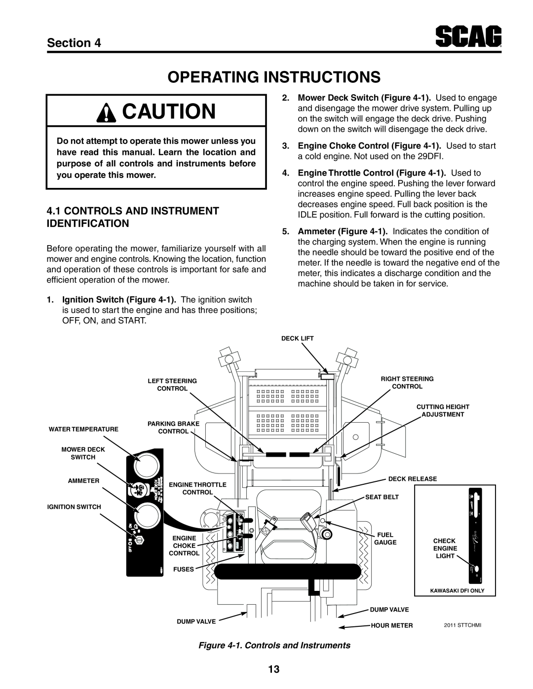 Scag Power Equipment STT-35BVAC, STT-29DFI manual Operating Instructions, Controls And Instrument Identification, Section 