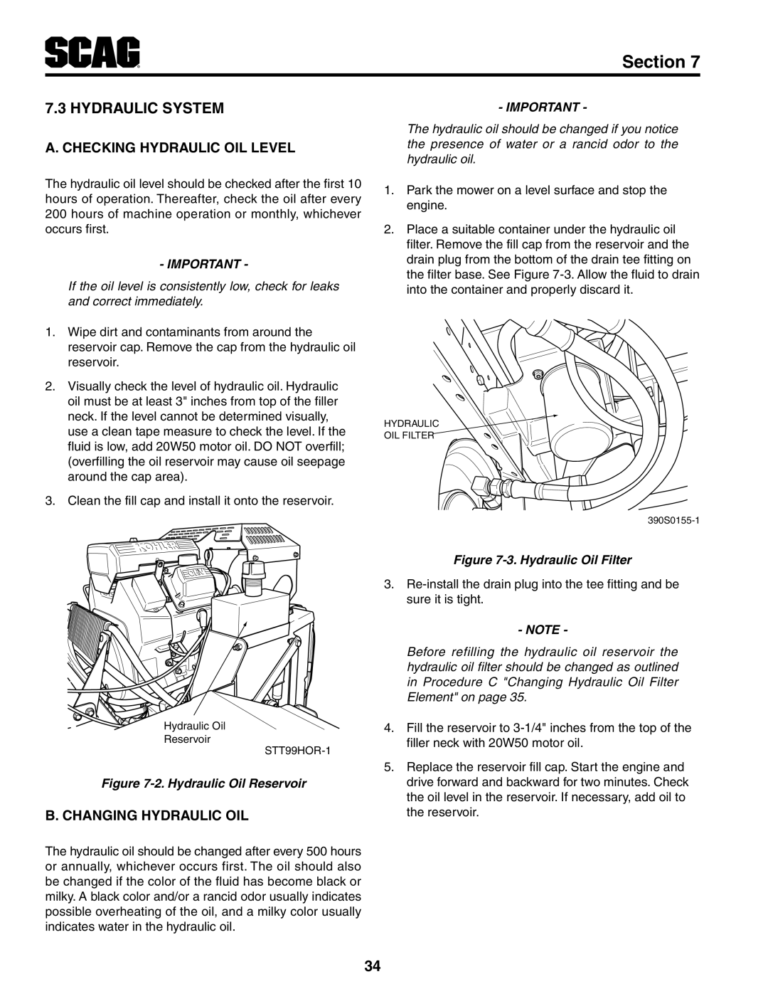 Scag Power Equipment STT-29DFI manual Hydraulic System, Section, A. Checking Hydraulic Oil Level, B. Changing Hydraulic Oil 
