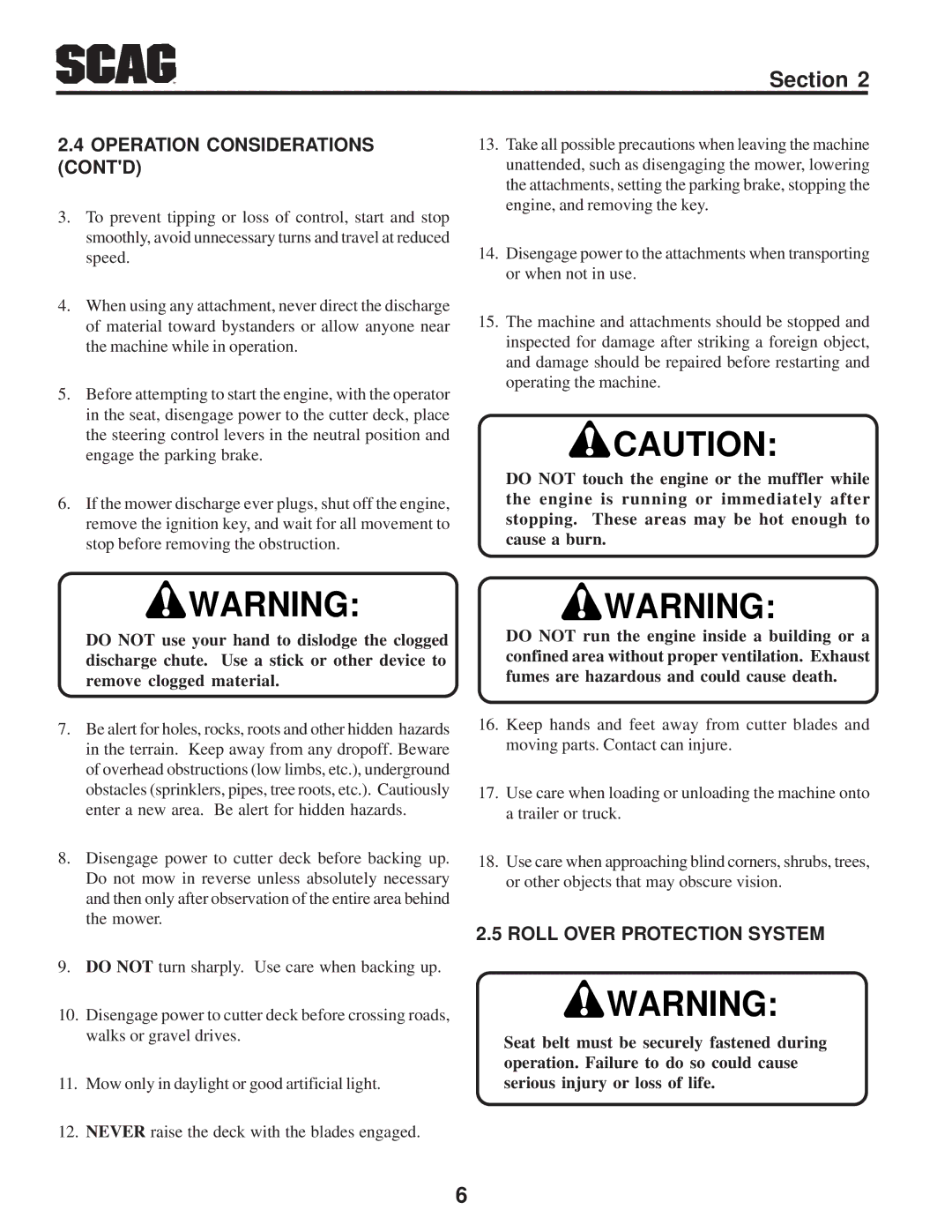 Scag Power Equipment STT-31BSD manual Operation Considerations Contd, Roll Over Protection System 