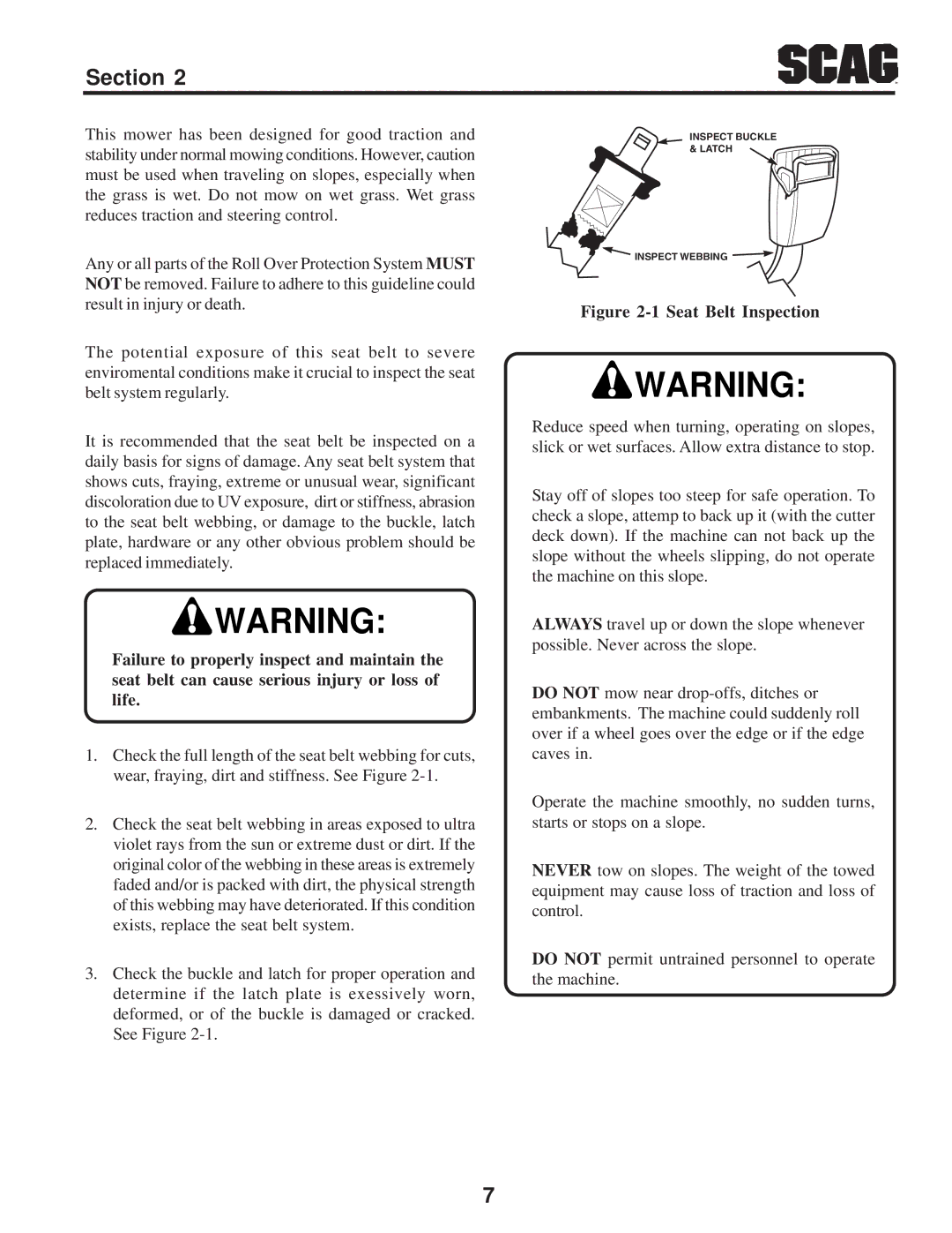 Scag Power Equipment STT-31BSD manual Seat Belt Inspection 