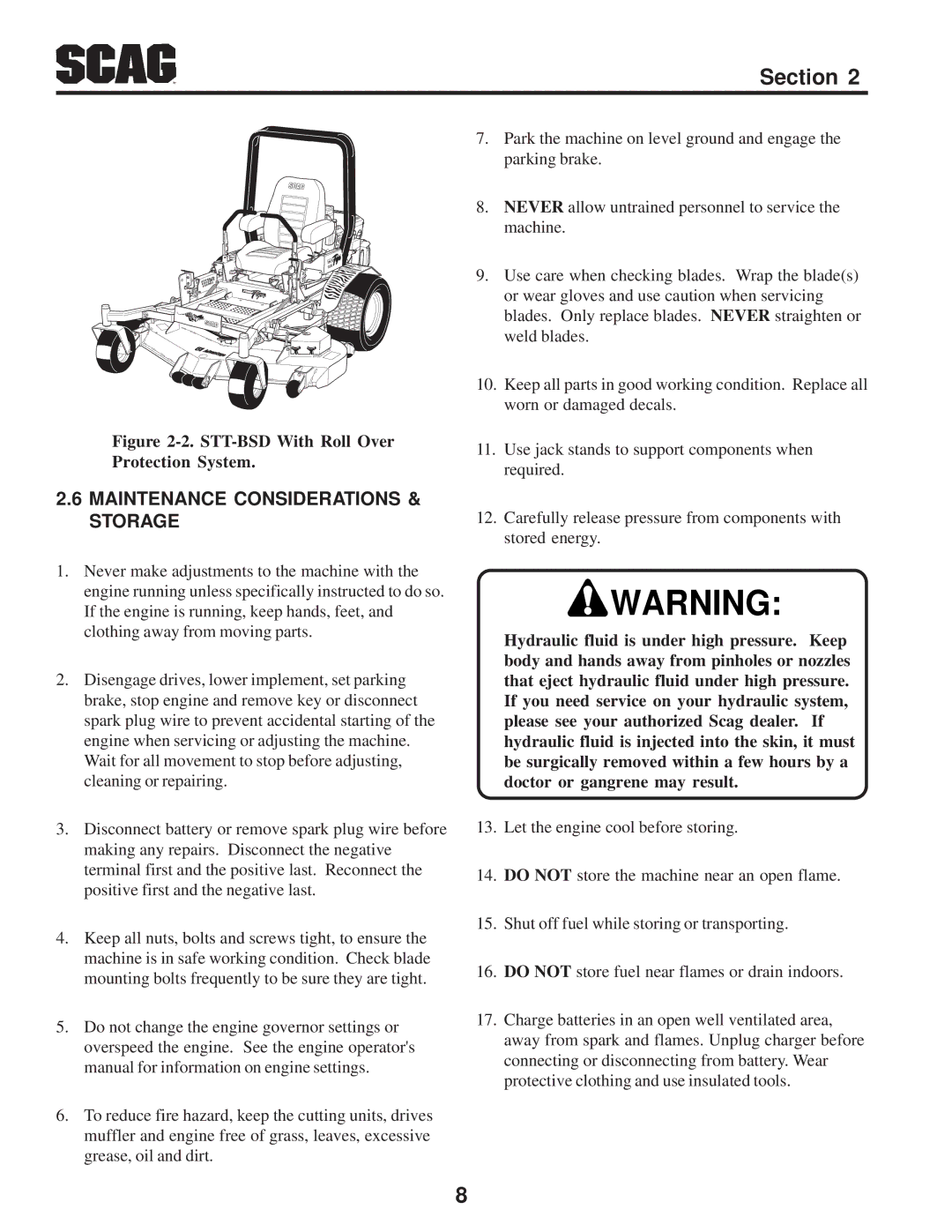 Scag Power Equipment STT-31BSD manual Maintenance Considerations & Storage, STT-BSD With Roll Over Protection System 