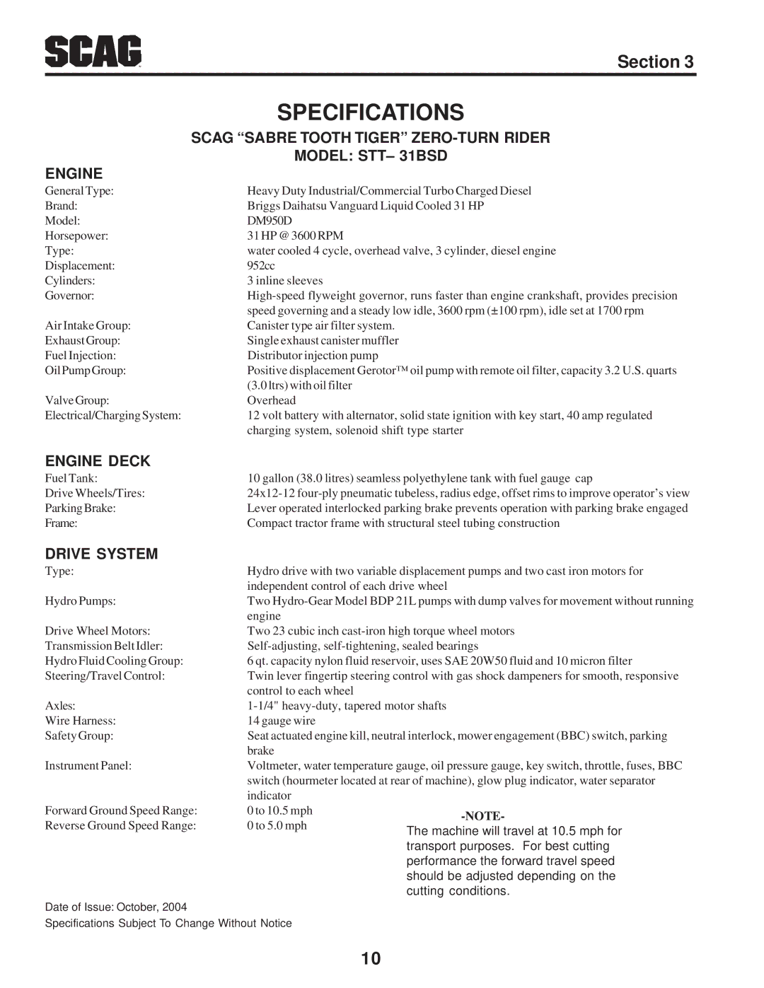 Scag Power Equipment STT-31BSD manual Engine Deck, Drive System 