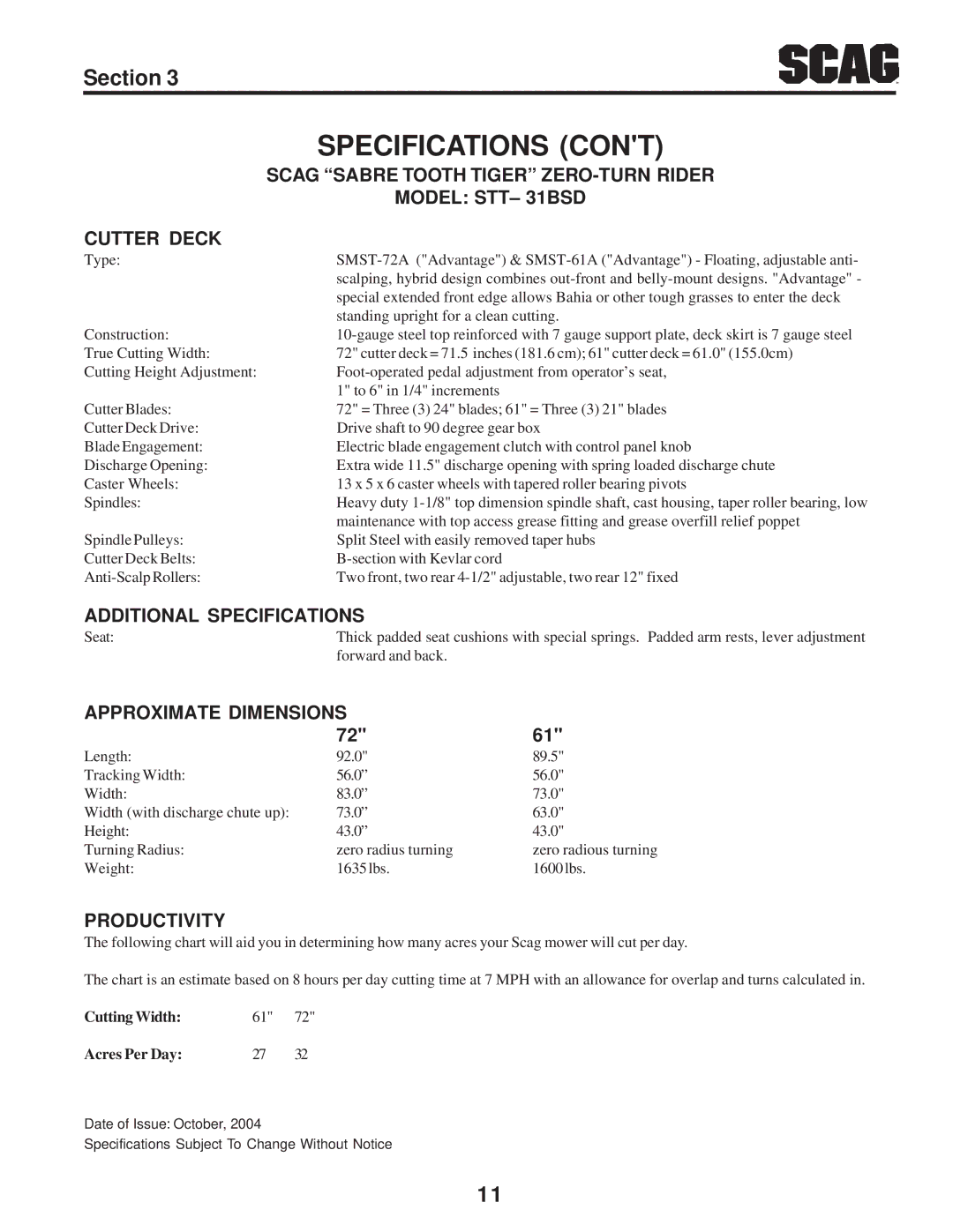 Scag Power Equipment STT-31BSD manual Additional Specifications, Approximate Dimensions, Productivity 