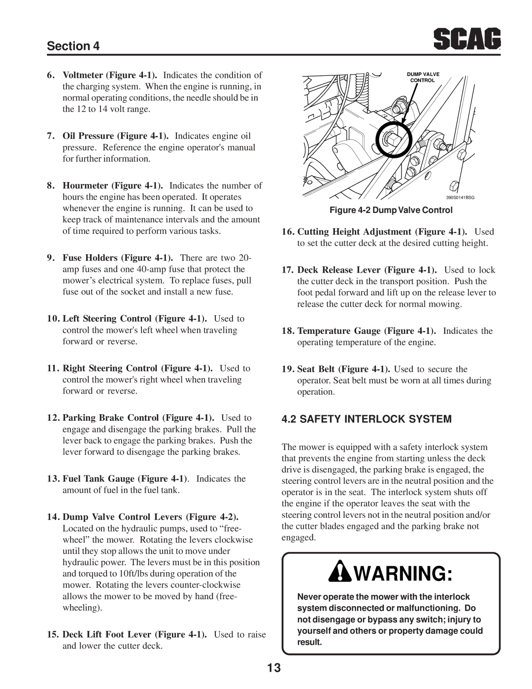 Scag Power Equipment STT-31BSD manual Safety Interlock System, Dump Valve Control 