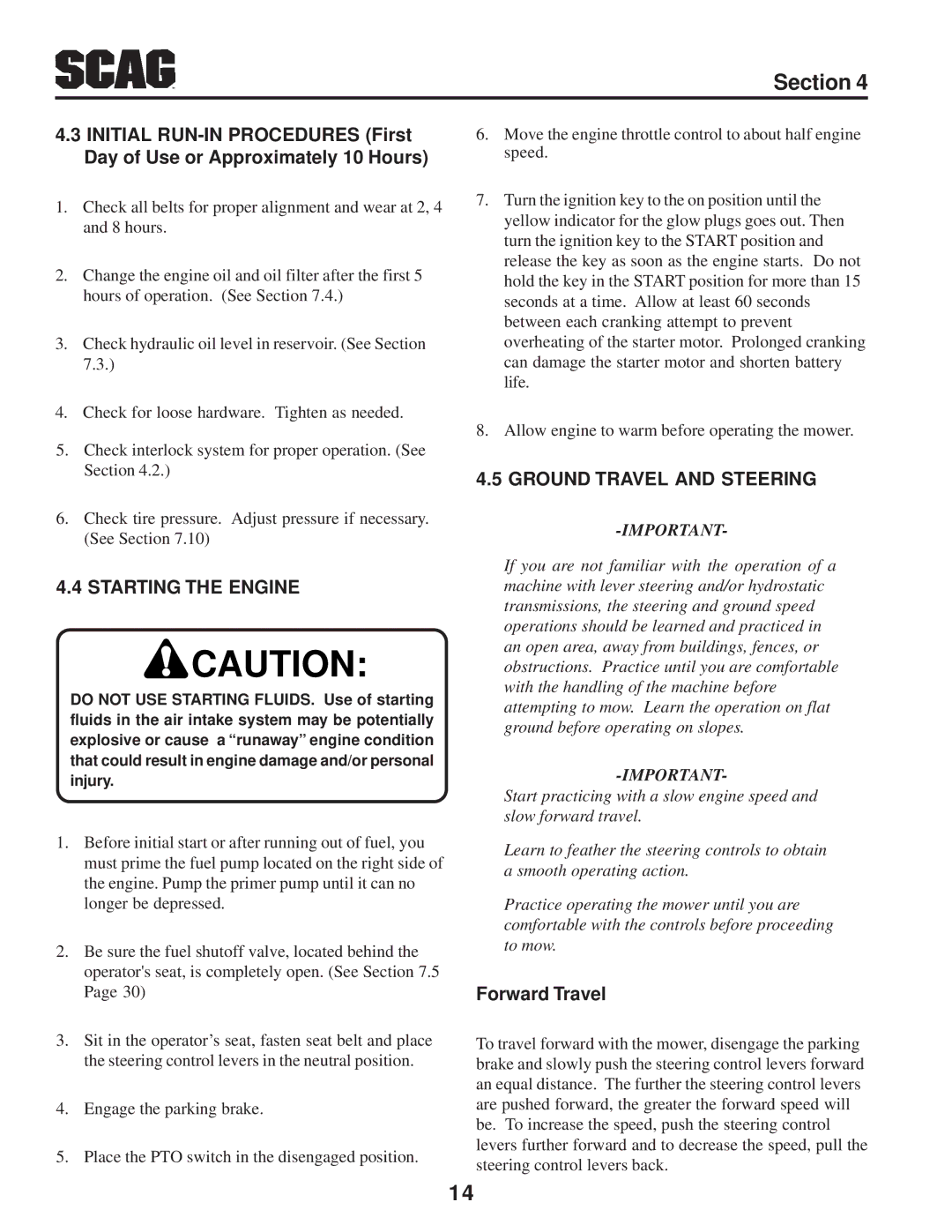 Scag Power Equipment STT-31BSD manual Starting the Engine, Ground Travel and Steering, Forward Travel 