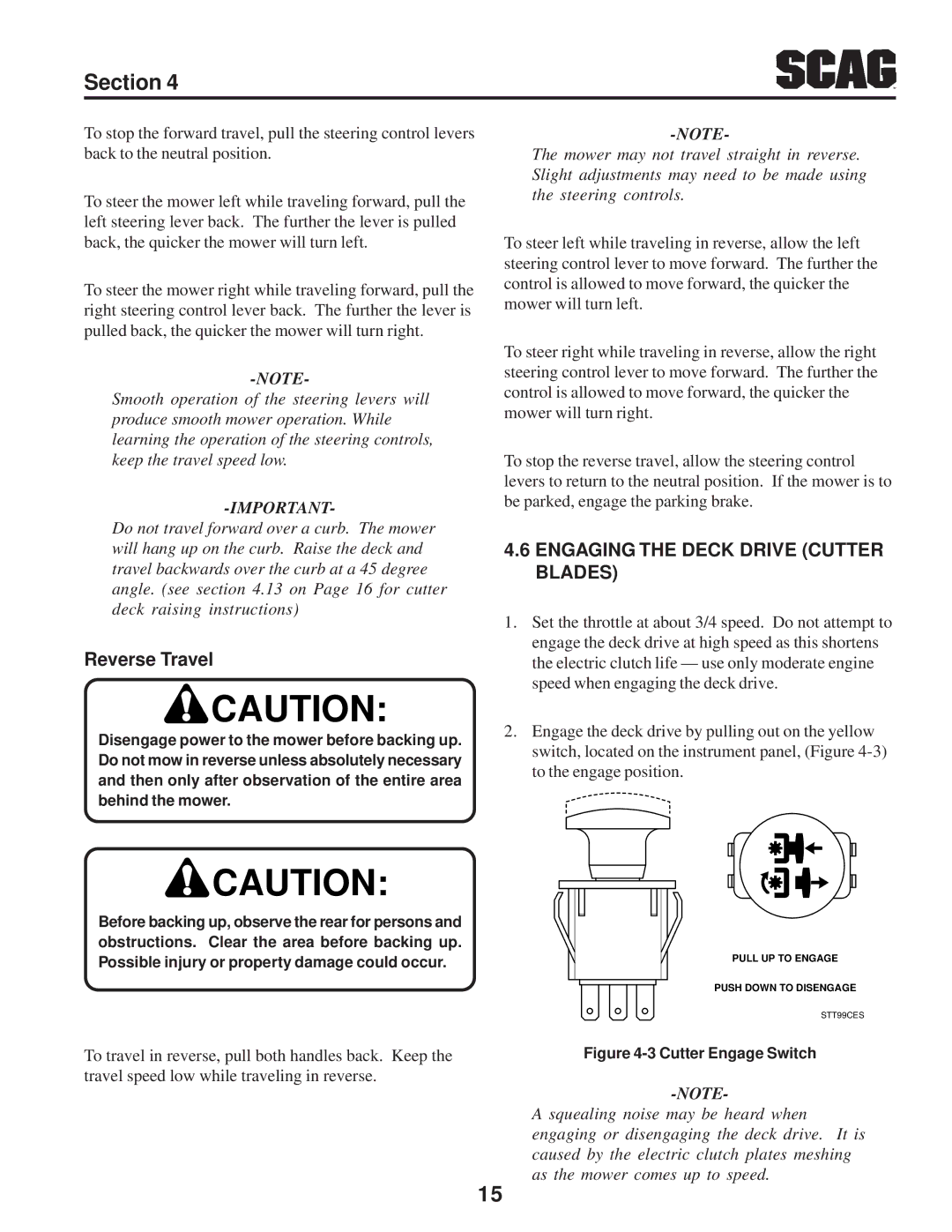 Scag Power Equipment STT-31BSD manual Reverse Travel, Engaging the Deck Drive Cutter Blades 