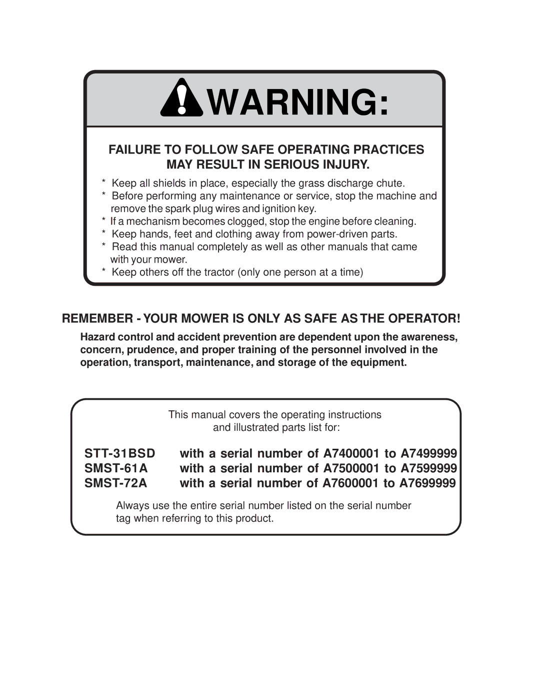 Scag Power Equipment STT-31BSD manual Remember Your Mower is only AS Safe AS the Operator 