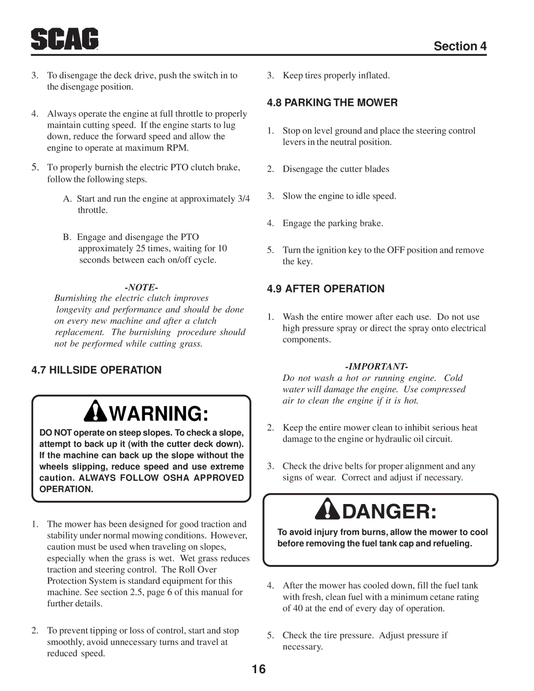 Scag Power Equipment STT-31BSD manual Hillside Operation, Parking the Mower, After Operation 
