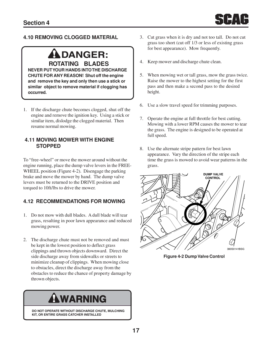 Scag Power Equipment STT-31BSD Removing Clogged Material, Moving Mower with Engine Stopped, Recommendations for Mowing 