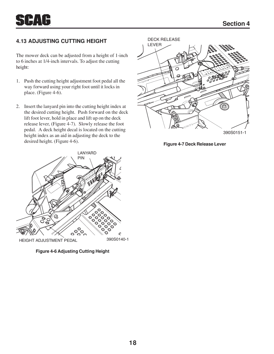 Scag Power Equipment STT-31BSD manual Adjusting Cutting Height, Deck Release Lever 