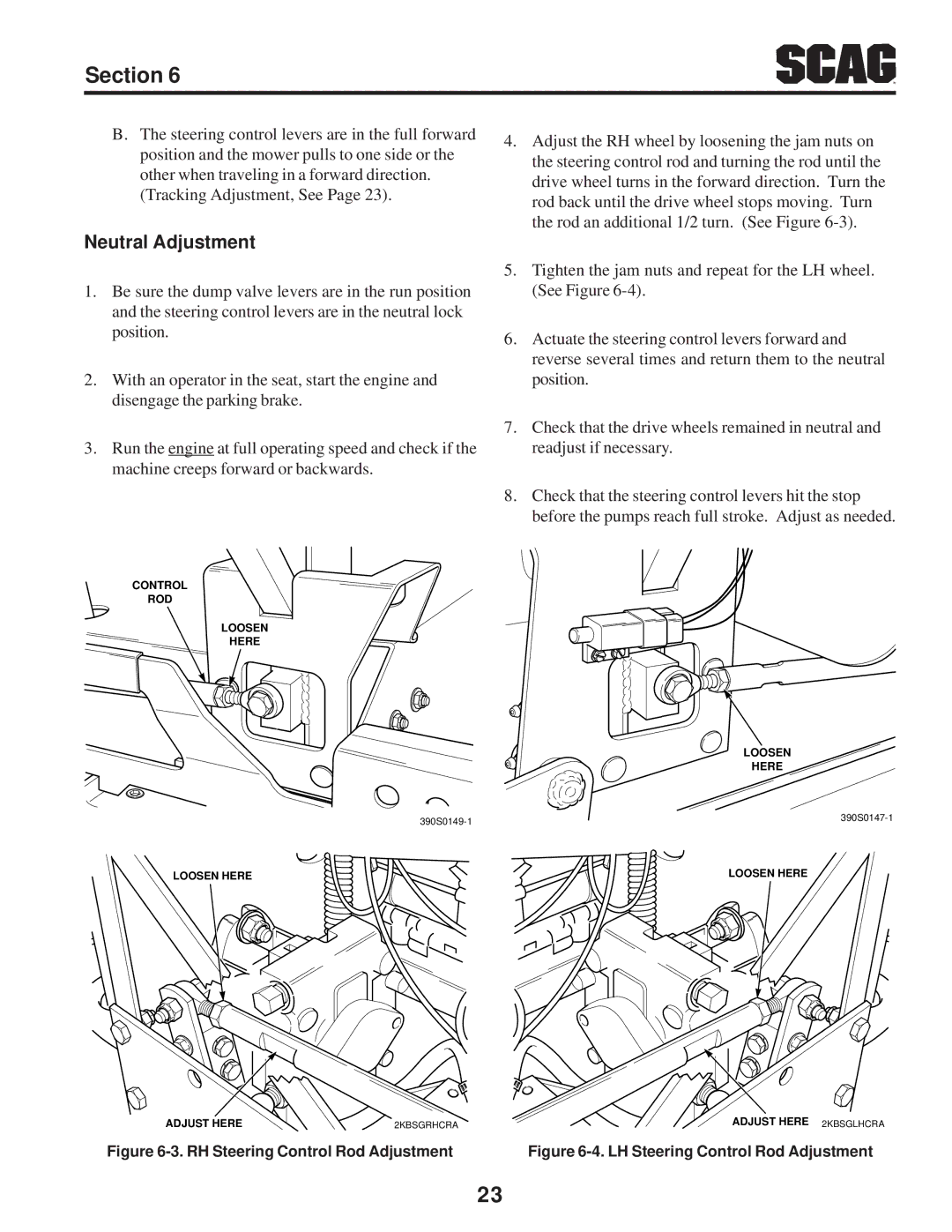 Scag Power Equipment STT-31BSD manual Neutral Adjustment, RH Steering Control Rod Adjustment 