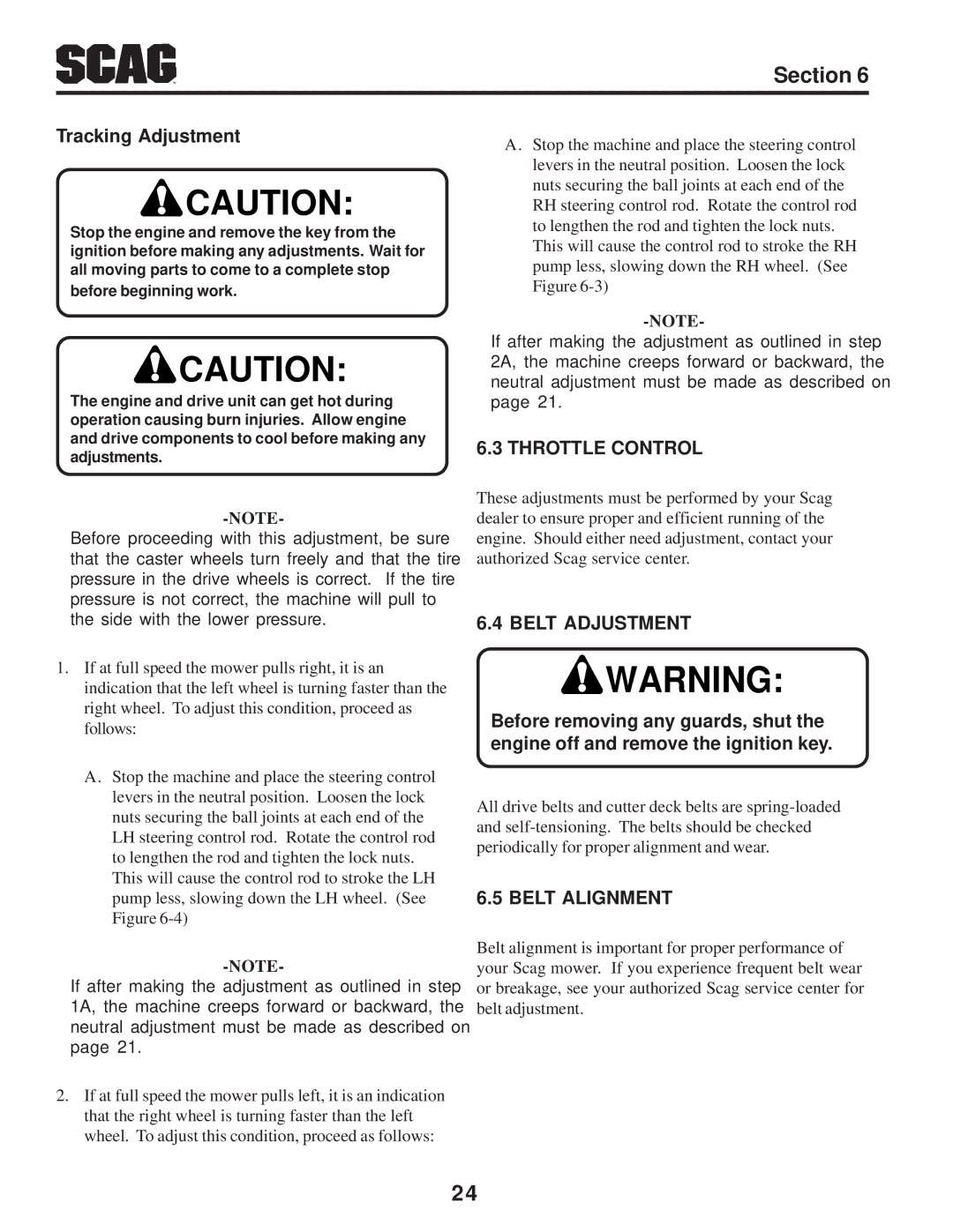 Scag Power Equipment STT-31BSD manual Tracking Adjustment, Throttle Control, Belt Adjustment, Belt Alignment 