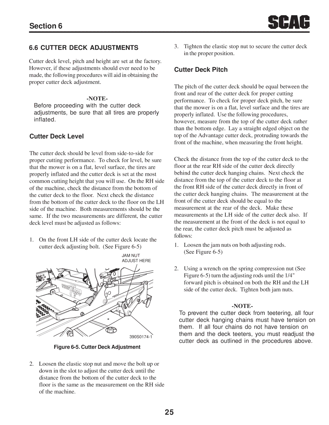 Scag Power Equipment STT-31BSD manual Cutter Deck Adjustments, Cutter Deck Level, Cutter Deck Pitch 