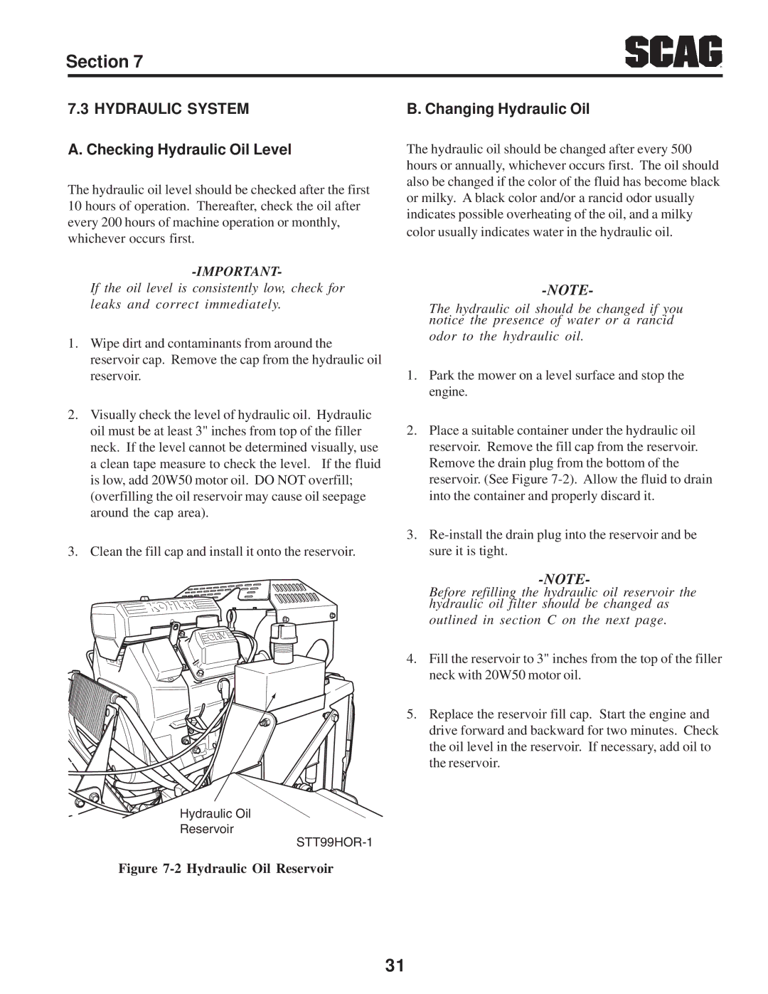 Scag Power Equipment STT-31BSD manual Hydraulic System, Checking Hydraulic Oil Level, Changing Hydraulic Oil 