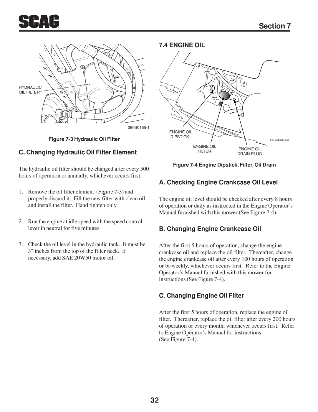 Scag Power Equipment STT-31BSD Engine OIL, Changing Hydraulic Oil Filter Element, Checking Engine Crankcase Oil Level 