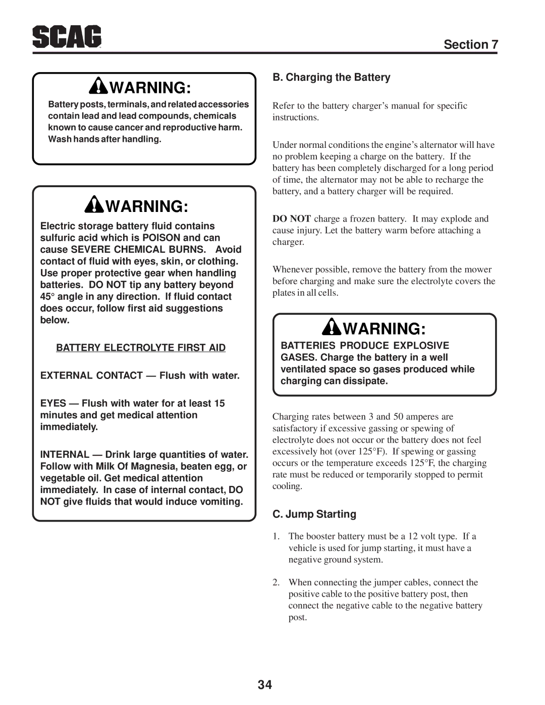 Scag Power Equipment STT-31BSD manual Charging the Battery, Jump Starting 