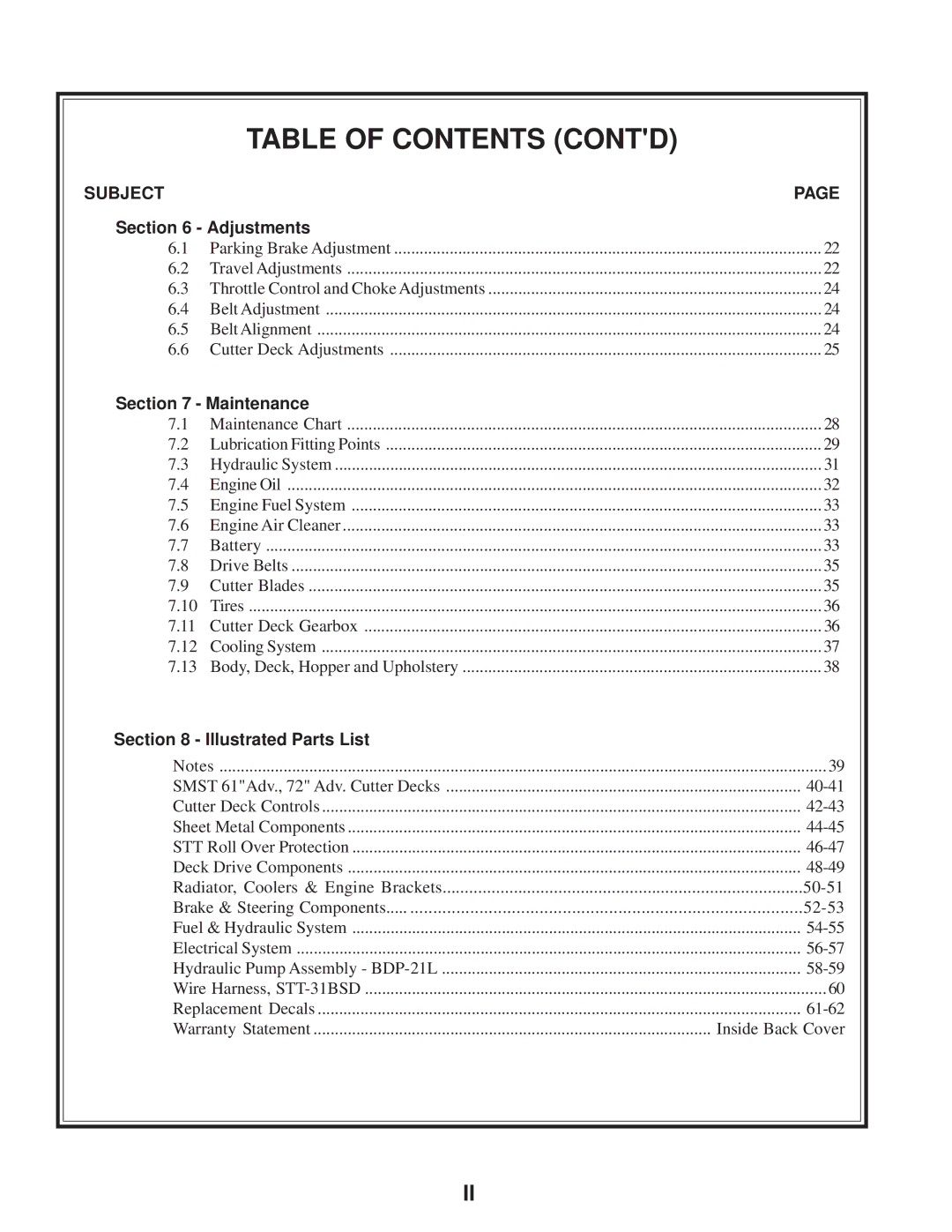 Scag Power Equipment STT-31BSD manual Table of Contents Contd 