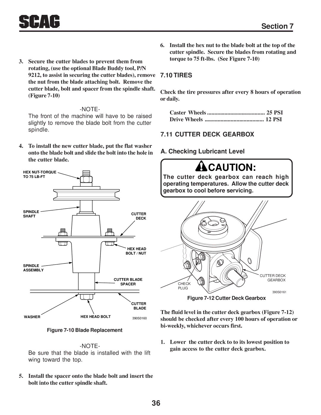Scag Power Equipment STT-31BSD manual Tires, Cutter Deck Gearbox, Checking Lubricant Level 