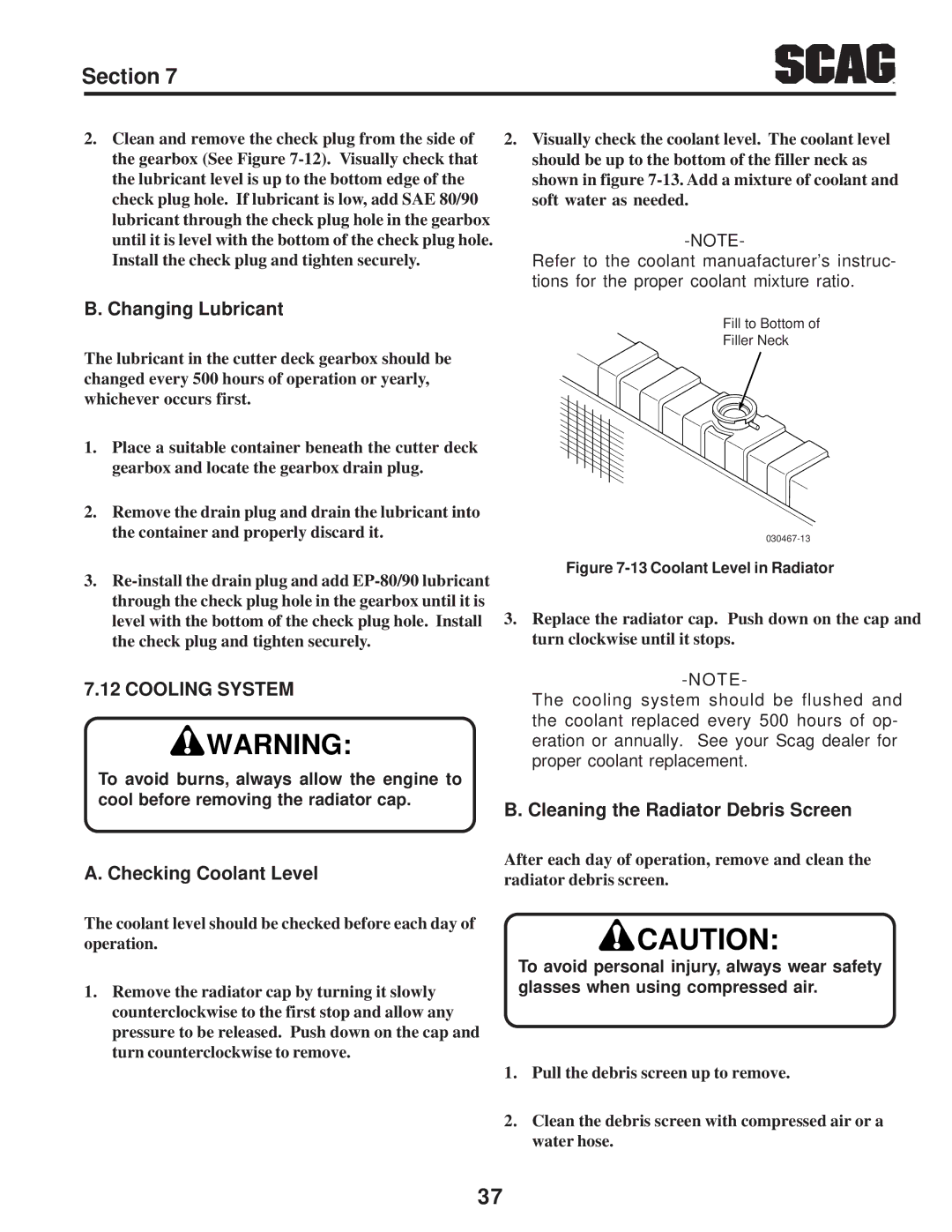 Scag Power Equipment STT-31BSD manual Changing Lubricant, Cooling System, Checking Coolant Level 