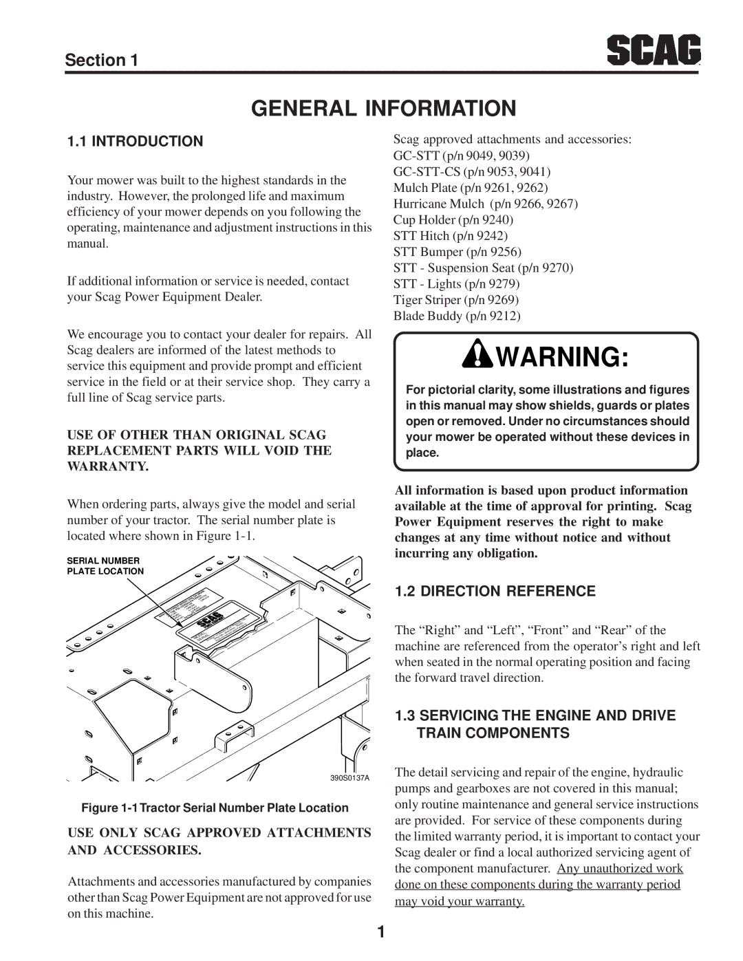 Scag Power Equipment STT-31BSD manual General Information, Introduction, Direction Reference 