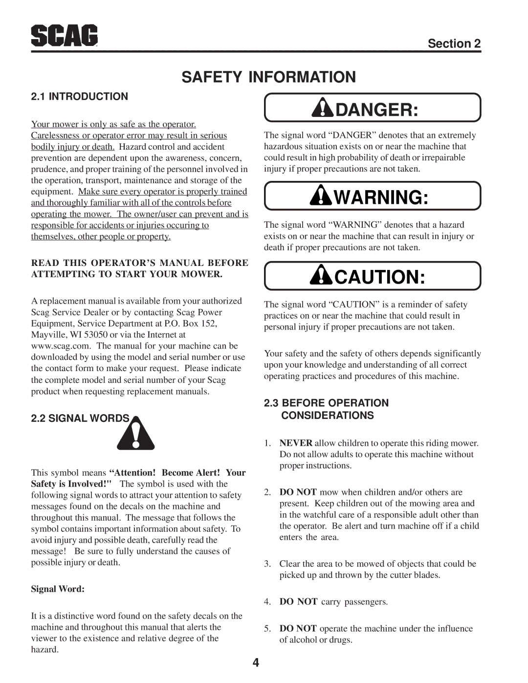 Scag Power Equipment STT-31BSD manual Safety Information, Signal Words, Before Operation Considerations 