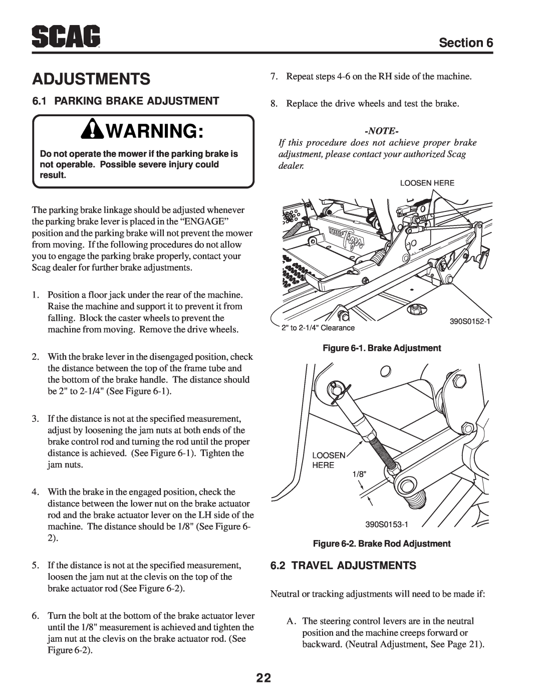 Scag Power Equipment STT-31BSD manual Parking Brake Adjustment, Travel Adjustments, Section 