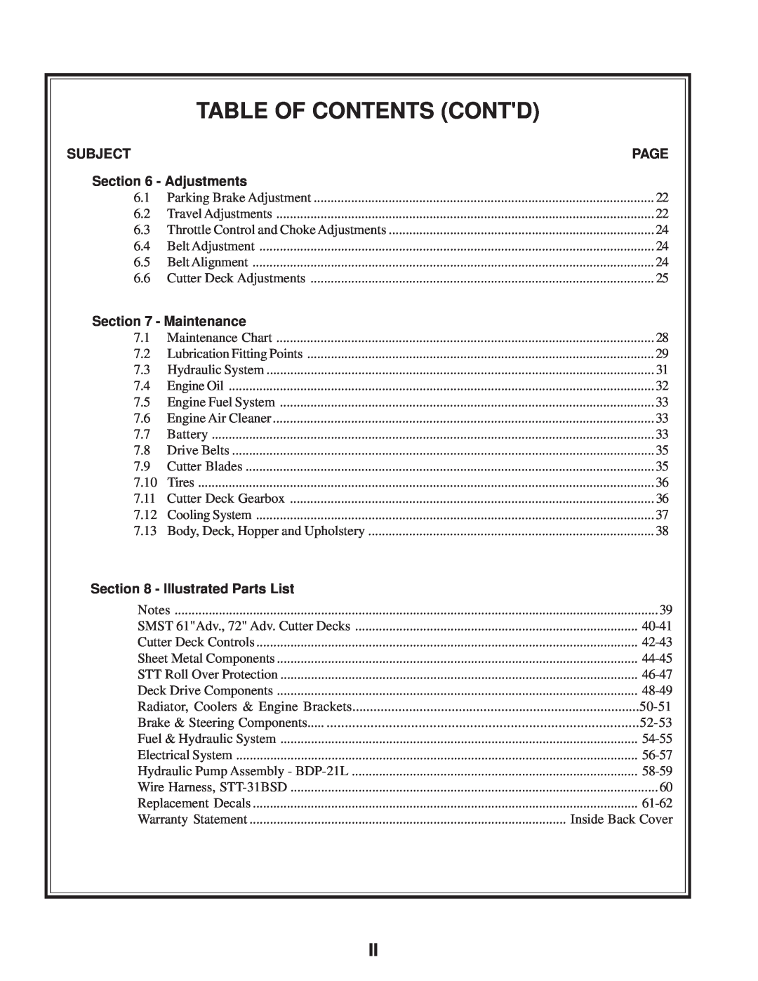 Scag Power Equipment STT-31BSD Table Of Contents Contd, Subject, Page, Adjustments, Maintenance, Illustrated Parts List 