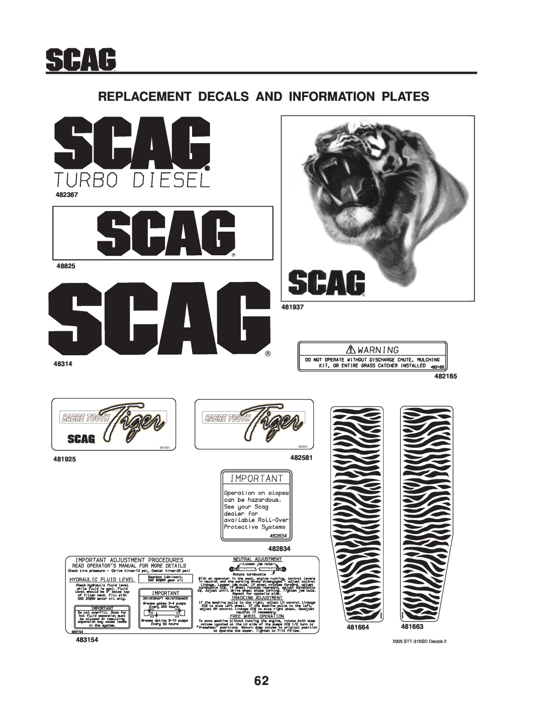 Scag Power Equipment STT-31BSD manual Replacement Decals And Information Plates, 482367 48825 481937 48314, 482581, 482834 
