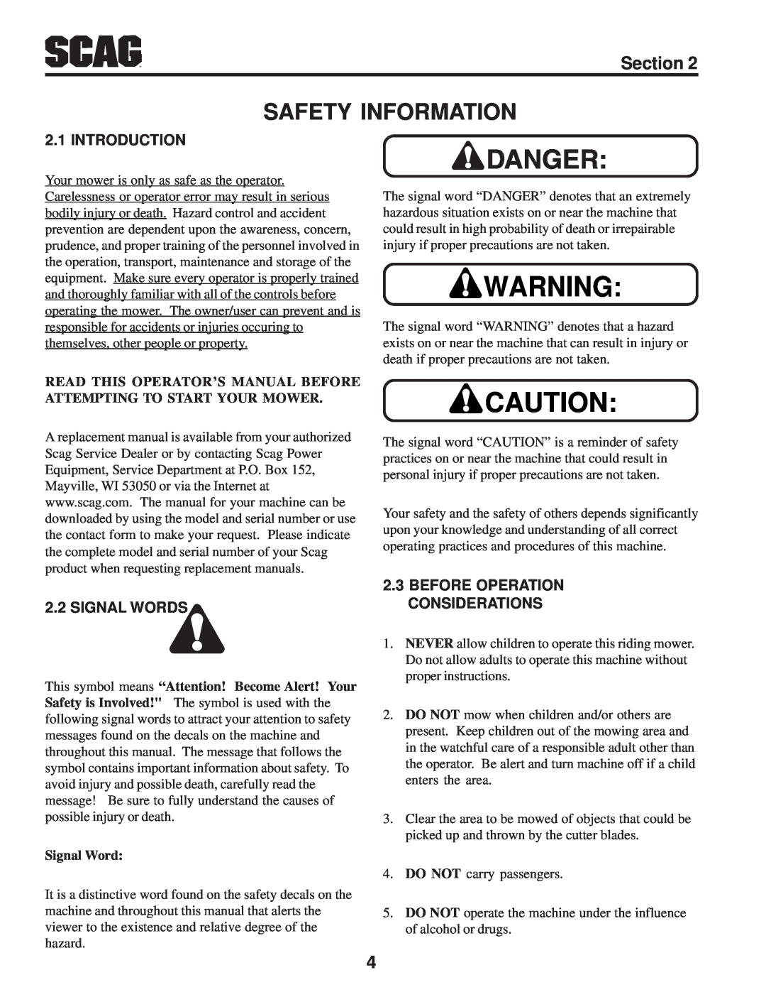 Scag Power Equipment STT-31BSD Safety Information, Introduction, Signal Words, Before Operation Considerations, Section 