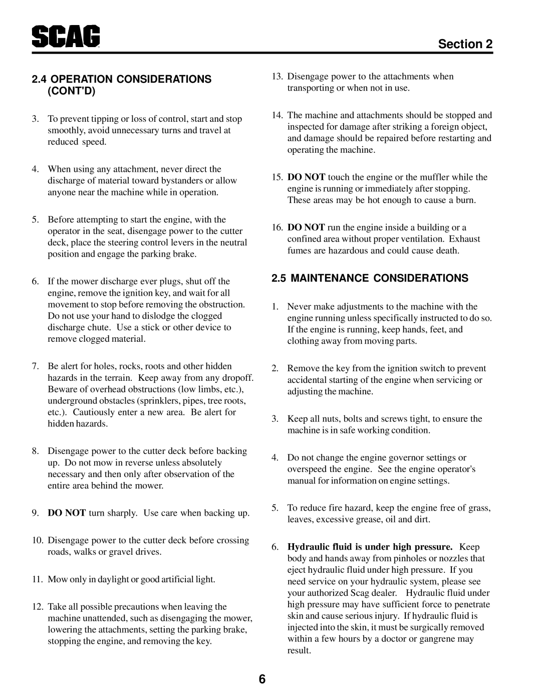 Scag Power Equipment STT-31BSG manual Operation Considerations Contd, Maintenance Considerations 