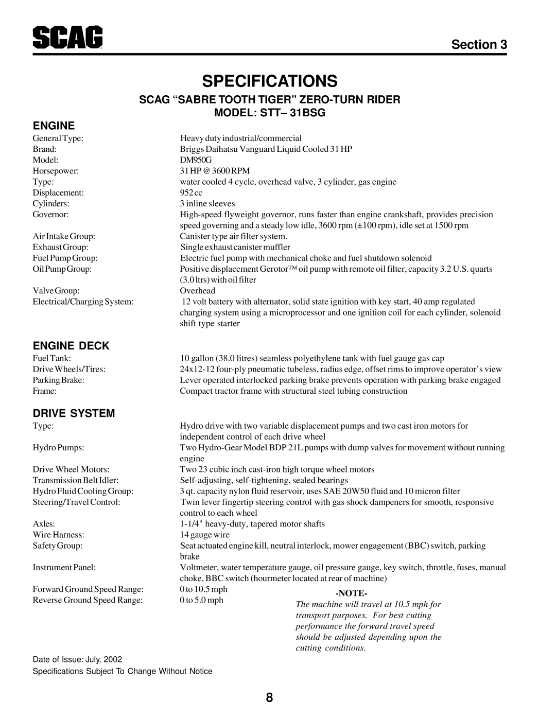 Scag Power Equipment STT-31BSG manual Engine Deck, Drive System 