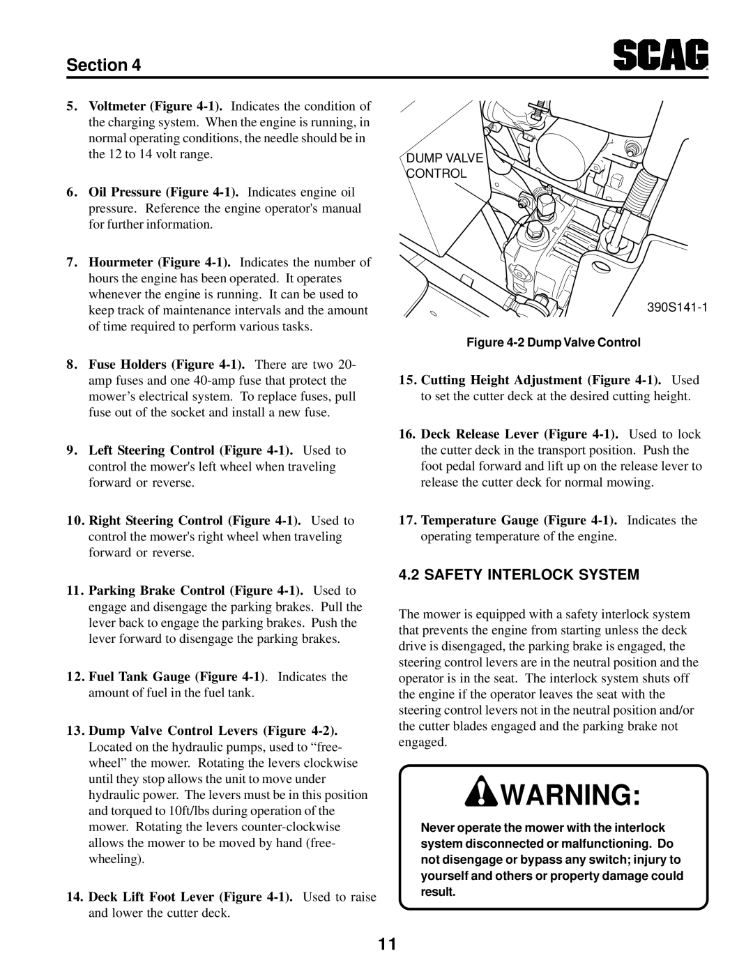 Scag Power Equipment STT-31BSG manual Safety Interlock System, Dump Valve Control 