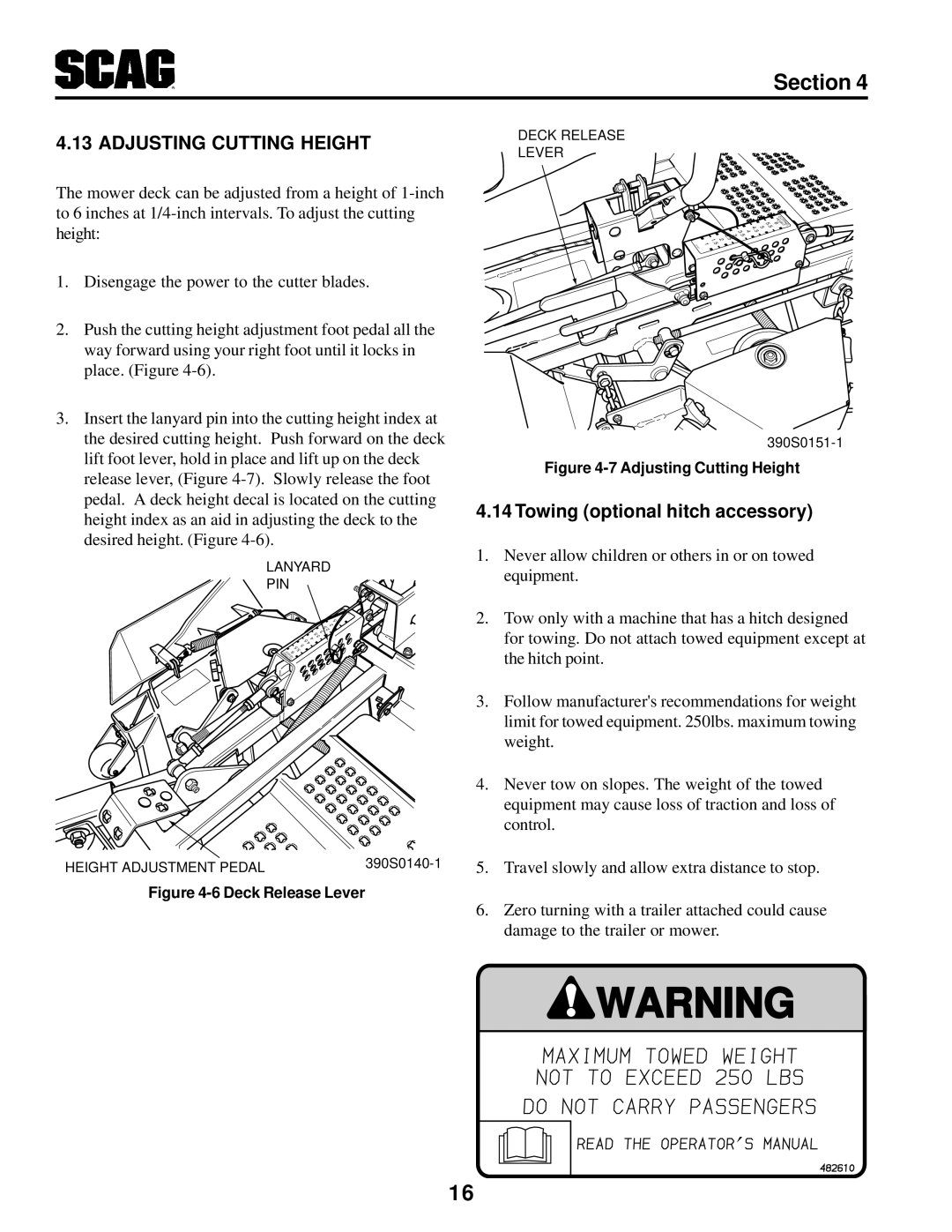 Scag Power Equipment STT-31BSG manual Adjusting Cutting Height, Towing optional hitch accessory 