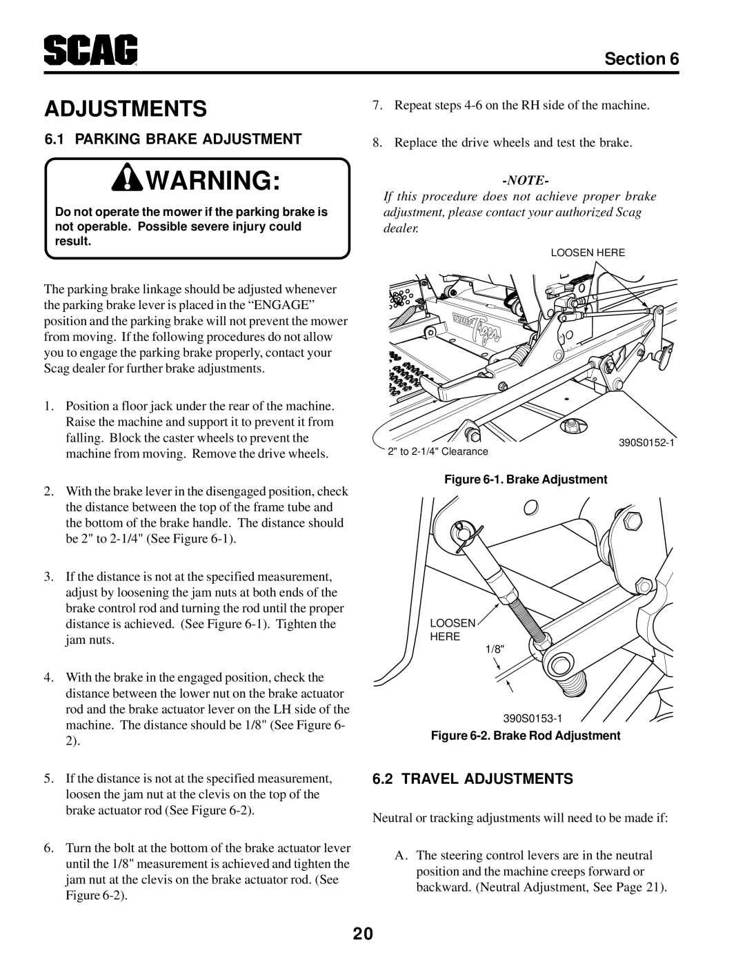 Scag Power Equipment STT-31BSG manual Parking Brake Adjustment, Travel Adjustments 