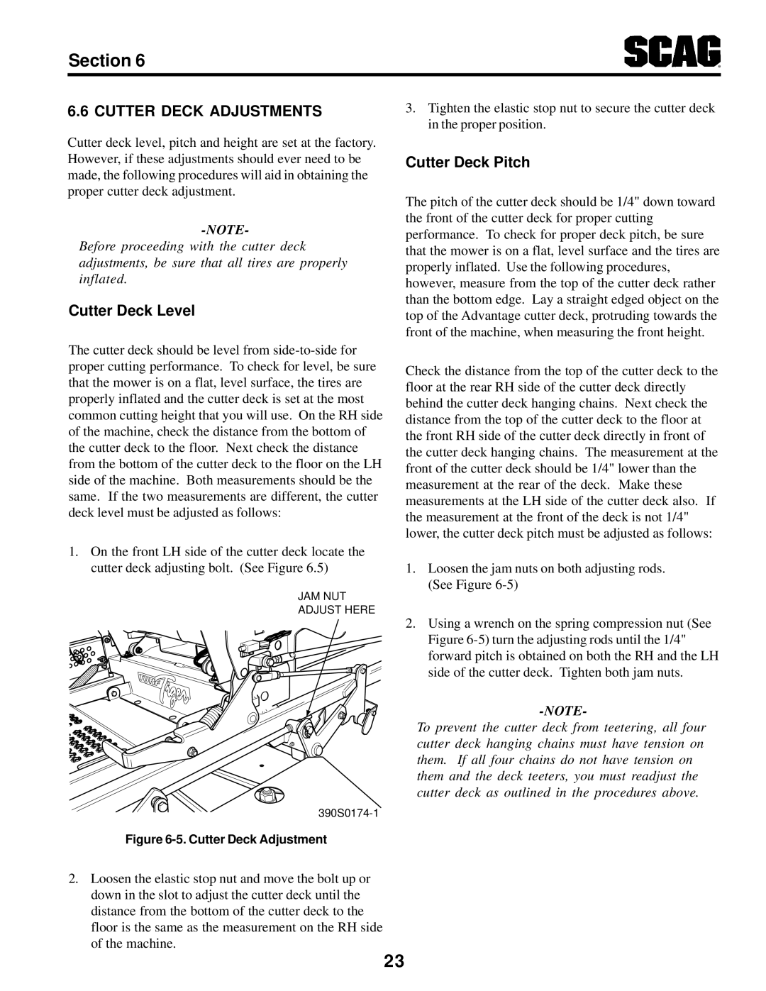 Scag Power Equipment STT-31BSG manual Cutter Deck Adjustments, Cutter Deck Level, Cutter Deck Pitch 