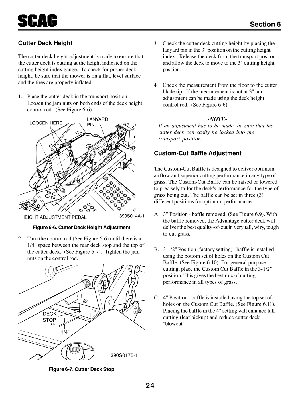 Scag Power Equipment STT-31BSG manual Cutter Deck Height, Custom-Cut Baffle Adjustment 