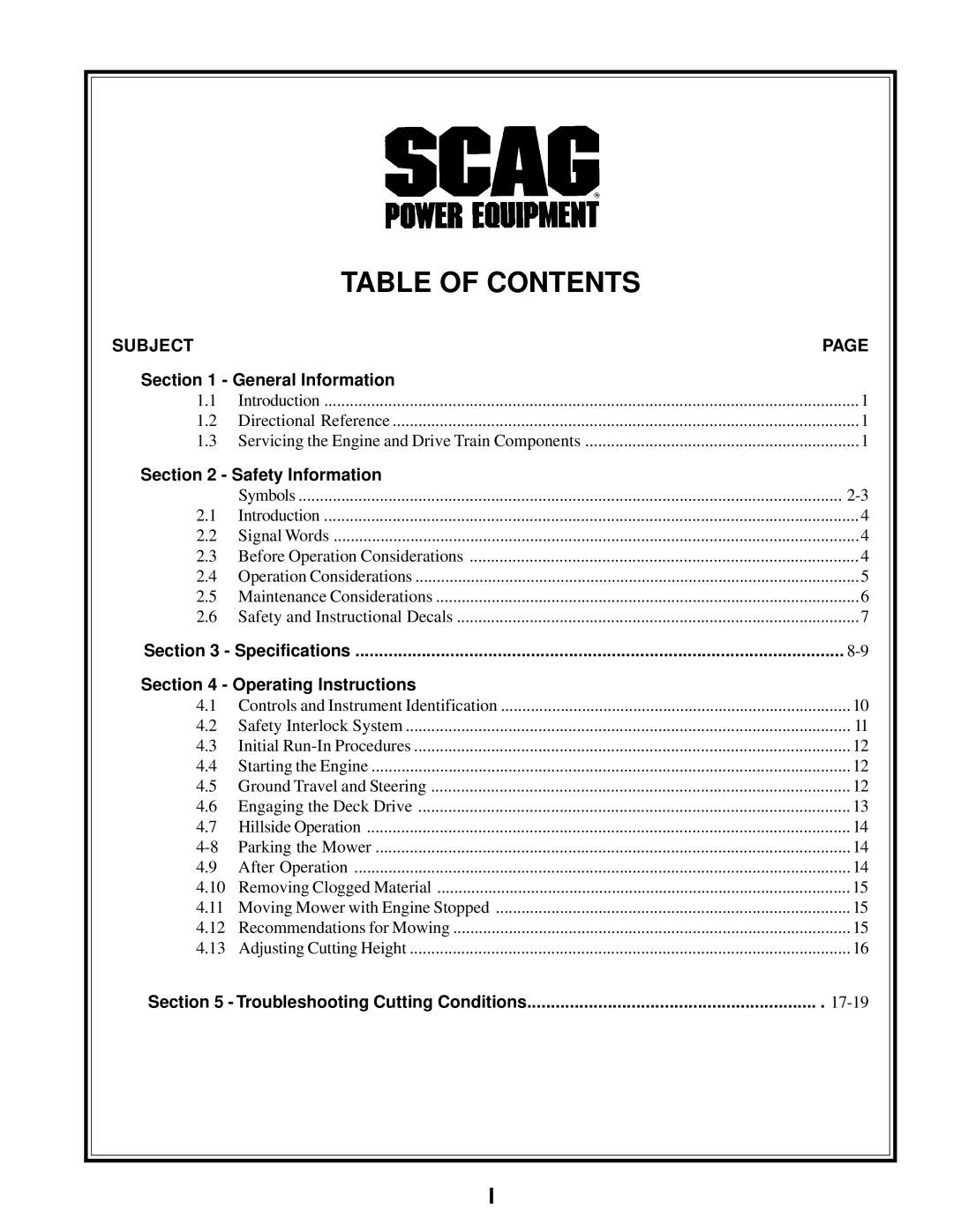 Scag Power Equipment STT-31BSG manual Table of Contents 