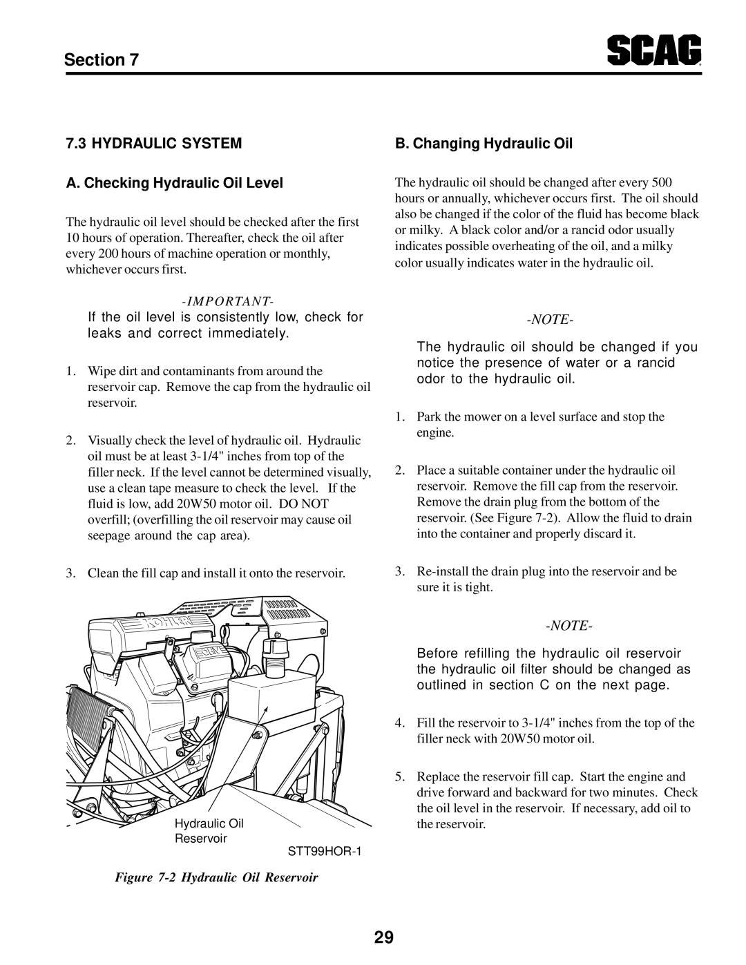Scag Power Equipment STT-31BSG manual Hydraulic System, Checking Hydraulic Oil Level, Changing Hydraulic Oil 